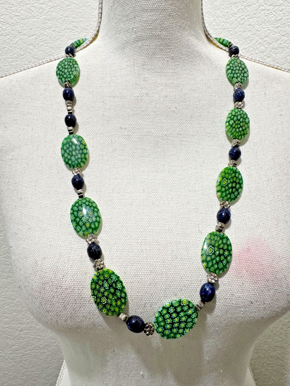 Vtg Millefiori Green Art Glass Mixed Bead Necklace Blue Lazuli Lapis 30" Toggle